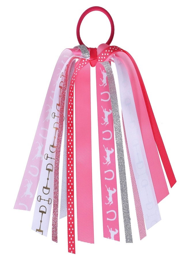 KCHIES 8.7" Equestrian Ponytail Streamer Gift Glitter Pink White Horse Racing Ribbon Elastic Hair Bow Tie Holder for Women Girls Horse Back Riding Competition Shows Game Day Decor Accessory - Image 1